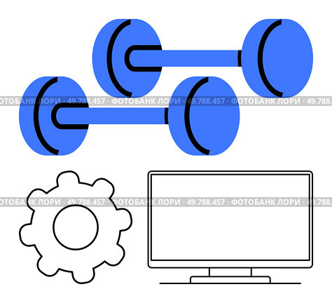 Two blue dumbbells beside a computer monitor and a settings cog. Ideal for fitness apps, tech integration, home workouts, personalized training, user settings, productivity tools, health management. Fitness adaptation through technology featuring dumbbells, a computer monitor, and a settings cog. Стоковая иллюстрация, агентство Ingram Publishing / Фотобанк Лори