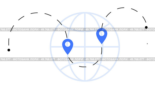 Two blue location pins on a globe with a dotted line connecting them, indicating travel or communication. Ideal for travel, logistics, global connectivity, navigation, and communication. Minimalist. Global Map with Location Pins and Dotted Travel Path Showing Connectivity. Стоковая иллюстрация, агентство Ingram Publishing / Фотобанк Лори