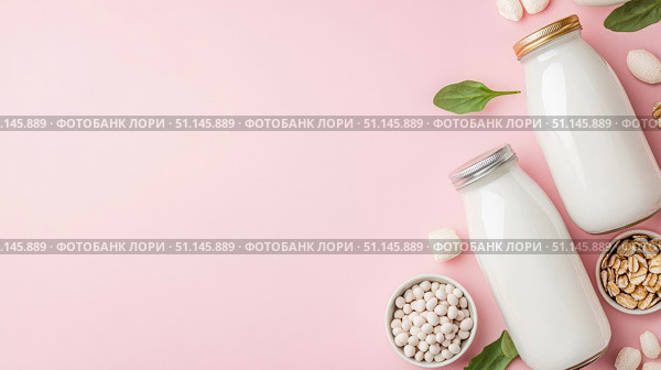 Two bottles of creamy plant-based milk, with wholesome ingredients like soybeans, almonds, and oats, artfully arranged on soft pink background, symbolizing healthy, vegan, and dairy-free living. Стоковое AI-изображение, AI-художник Данила Большаков / Фотобанк Лори