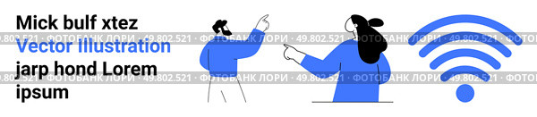 Two cartoon characters interact by pointing and discussing a topic near a large blue wireless symbol. Ideal for presentations, communication apps, educational materials, connectivity discussions. Two People Pointing and Discussing Near Large Blue wireless Symbol with Mock Text. Стоковая иллюстрация, агентство Ingram Publishing / Фотобанк Лори