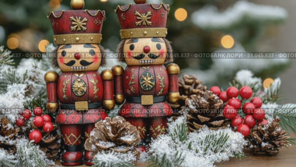 Two colorful nutcracker figures are placed among festive decorations with pinecones and red berries, capturing the essence of the holiday atmosphere. Стоковое AI-видео, аниматор Данила Большаков / Фотобанк Лори