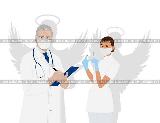 Two doctors are a man and a masked woman with a vaccine. Стоковая иллюстрация, иллюстратор Татьяна  Коненкова / Фотобанк Лори