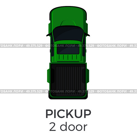Two door pickup top view icon. Compact truck with raised passableness flat vector isolated on white background. Commercial vehicle illustration for distribution logistics concept and infographics. Two Door Pickup Top View Flat Vector Icon. Стоковая иллюстрация, агентство Ingram Publishing / Фотобанк Лори