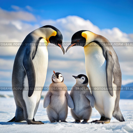 Two Emperor Penguins Stand Guarding Their Two Chicks on a Snowy Day in Antarctica. Generative AI. Стоковое AI-изображение, AI-художник Roman Zavorotny / Фотобанк Лори