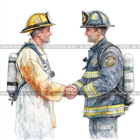 Two firefighters shaking hands. One of them wears a light-colored protective uniform with a yellow helmet, stained with soot and dirt, and the other wears a dark blue uniform with yellow stripes and the emblems of the firefighting service. Both men smile and look at each other with respect. They have oxygen tanks on their backs, indicating that they have just been involved in extinguishing a fire. The painting is done in watercolor, which gives the image a softness and emotional depth. Стоковое AI-изображение, AI-художник Анна Кривицкая / Фотобанк Лори
