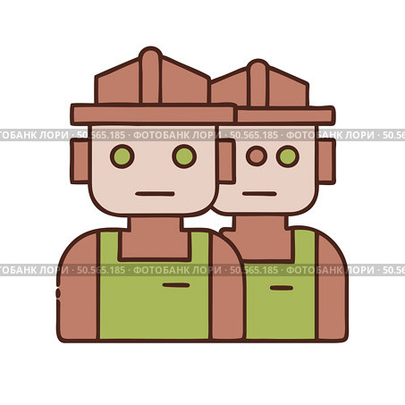Two friendly AI robots wearing hard hats and green vests. perfect for illustrating automation. technology. and teamwork in the future. Стоковая иллюстрация, агентство Ingram Publishing / Фотобанк Лори