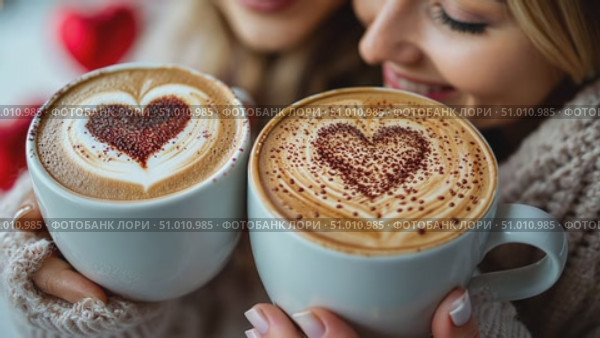 Two friends smile as they hold cups with heart-shaped latte art, enjoying a warm drink together in a cozy café during a chilly winter morning. Стоковое AI-видео, аниматор Данила Большаков / Фотобанк Лори