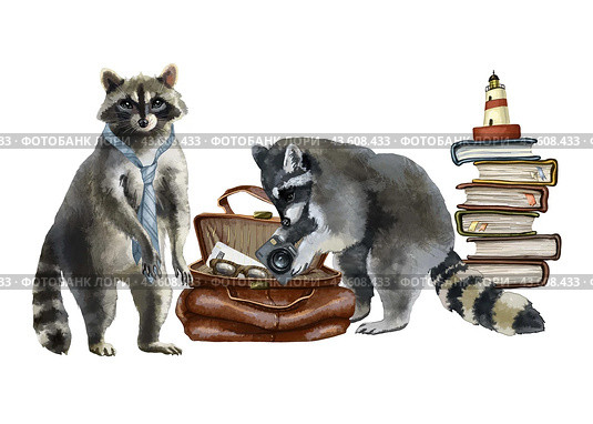 Two funny raccoons rummaging through a suitcase with things. Clipart without background. Watercolor illustration of travel, tourism, flights or cruise. Also suitable for design of a blog or postcards. Стоковая иллюстрация, иллюстратор Larisa Hamukova / Фотобанк Лори