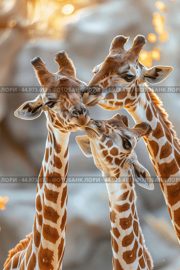 Two giraffes close together, gently nuzzling in a display of affection and connection. Стоковое AI-изображение, AI-художник Veniamin Kraskov / Фотобанк Лори