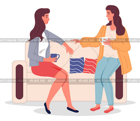 Two girl friends sitting on sofa drinking coffee and talking. Support and communication on meeting. Vector illustration of young woman acquaintances partners or colleagues in an informal setting. Two girl friends sitting on sofa drinking coffee and talking. Support and communication on meeting. Стоковая иллюстрация, агентство Ingram Publishing / Фотобанк Лори