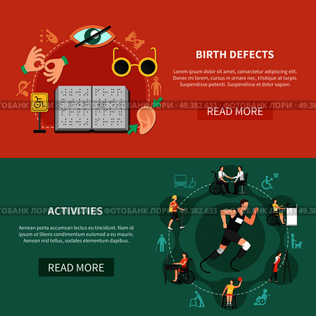 Two horizontal disabled person flat banner set with birth defects and activities descriptions vector illustration. Disabled Person Flat Banner Set. Стоковая иллюстрация, агентство Ingram Publishing / Фотобанк Лори
