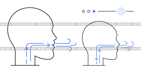 Two human head outlines illustrating airflow during breathing process arrows showing airflow direction. Ideal for medical education, respiratory system study, health awareness, physiology lessons. Diagram of Breathing Process in Human Heads Highlighting Airflow Direction and Breathing Efficiency. Стоковая иллюстрация, агентство Ingram Publishing / Фотобанк Лори
