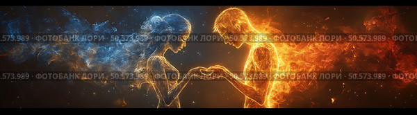 Two humanoid figures made of fire and smoke face each other, one glowing blue and the other glowing orange, with a dark smoky background. Стоковое AI-изображение, AI-художник Olga Dmitrieva / Фотобанк Лори