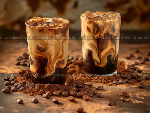 Two Iced Coffees with Swirling Cream. Стоковое AI-изображение, AI-художник Кирилл Черезов / Фотобанк Лори