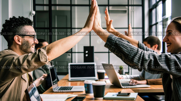 Two individuals celebrating by raising their hands and slapping them together in a mid-air gesture of congratulations. Стоковое AI-изображение, AI-художник Данила Большаков / Фотобанк Лори