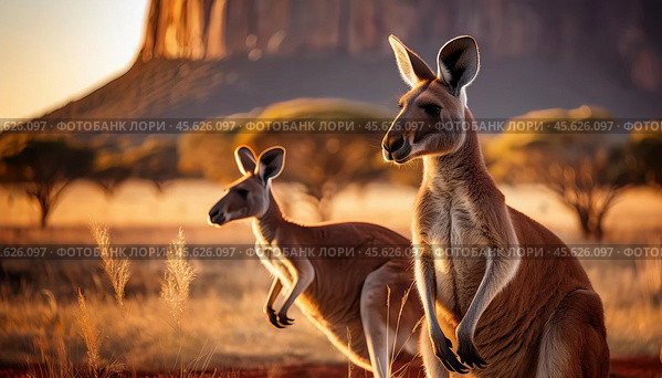 Two kangaroos standing in an Australian outback landscape during golden hour with a blurred background. Australia Day. Стоковое AI-изображение, AI-художник Ольга Сухарева / Фотобанк Лори
