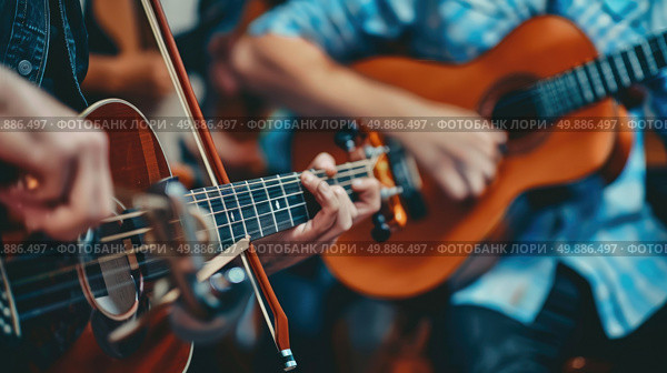 Two men sitting down, actively playing guitars. One man strums the guitar strings while the other follows along, creating music. Стоковое AI-изображение, AI-художник Данила Большаков / Фотобанк Лори