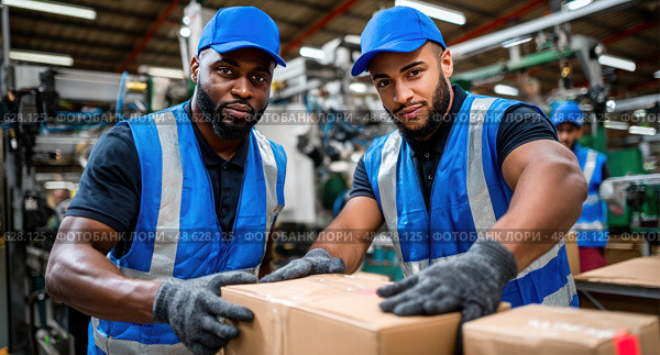 Two men wearing blue vests and hats are lifting a box. Стоковое AI-изображение, AI-художник Ярославский Максим / Фотобанк Лори
