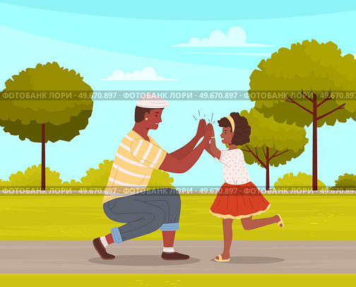 Two people giving five with hands together. Man and his child in casual clothes greeting each other. Father and daughter give five and rejoice. Happy characters during greeting vector illustration. Man and his child in casual clothes greeting each other. Father and daughter give five and rejoice. Стоковая иллюстрация, агентство Ingram Publishing / Фотобанк Лори