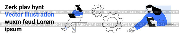 Two people working on laptops, large gears between them, text elements. Ideal for teamwork, technology, collaboration, modern business, productivity, innovation, remote work. Landing page. Collaborative Teamwork with Laptops and Gears, Key Elements for Modern Business Solutions. Стоковая иллюстрация, агентство Ingram Publishing / Фотобанк Лори
