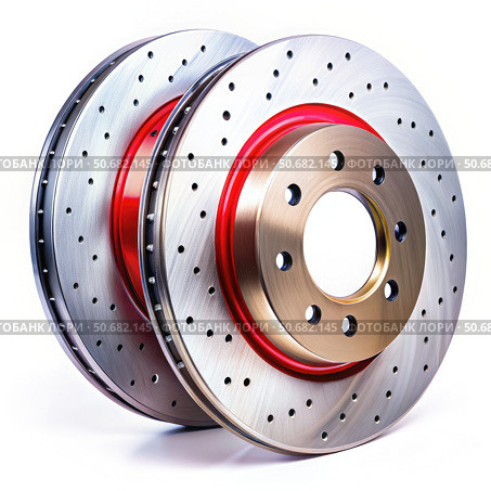 Two Perforated Brake Discs With Red Accents on a White Background. Generative AI. Стоковое AI-изображение, AI-художник Roman Zavorotny / Фотобанк Лори