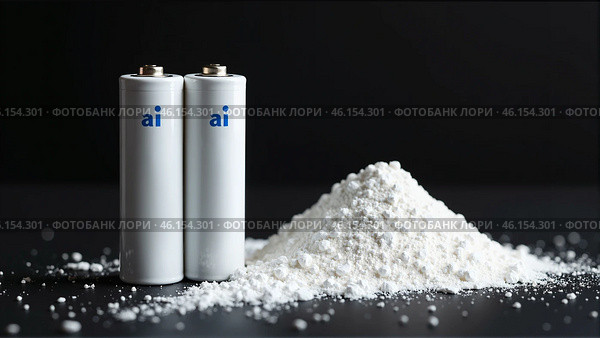 Two potassium ion batteries and a pile of white powder of cathode material on a black background.  AI generative. Стоковое AI-изображение, AI-художник Роман Дзюбало / Фотобанк Лори