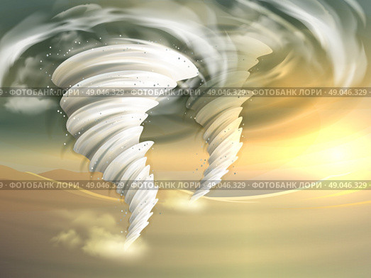 Two realistic tornado swirls with sun and clouds on background vector illustration. Tornado Swirls Illustration. Стоковая иллюстрация, агентство Ingram Publishing / Фотобанк Лори
