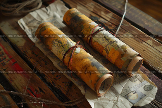Two rolled up maps resting on wooden table showing plans for adventure. Стоковое AI-изображение, AI-художник Иван Рябоконь / Фотобанк Лори