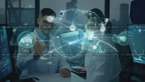 Two scientists collaborate on advanced research in a technologically equipped lab against a nighttime city backdrop. Стоковое AI-видео, аниматор Данила Большаков / Фотобанк Лори