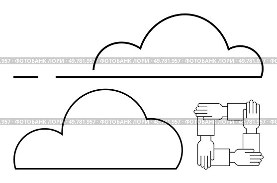Two simplistic cloud outlines with a square formed by hands holding wrists, signifying unity and teamwork. Ideal for cloud computing, collaboration, network, support, teamwork, inclusivity. Minimalist Cloud Shapes with Hands in Unity Square Concept for Collaboration and Connectivity. Стоковая иллюстрация, агентство Ingram Publishing / Фотобанк Лори