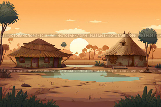 Two thatched huts by a pond in a dry african landscape at sunset. Стоковое AI-изображение, AI-художник Иван Рябоконь / Фотобанк Лори