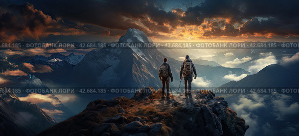 Two tourist friends with backpacks are standing at the top of the mountain and watching the sunset. Panoramic banner. Стоковое AI-изображение, AI-художник Ярославский Максим / Фотобанк Лори