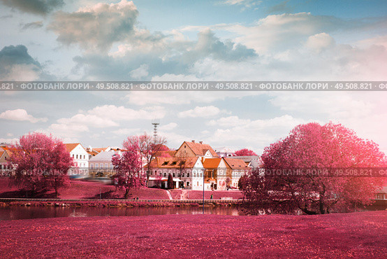 Two towers on Railway station square City Gates Minsk Belarus. infrared photography. Стоковое фото, агентство Ingram Publishing / Фотобанк Лори