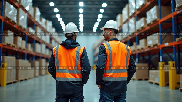 Two warehouse workers in safety vests and hard hats observe the storage area filled with boxes, ensuring smooth operations during a busy day. Стоковое AI-изображение, AI-художник Sergey Grishin / Фотобанк Лори