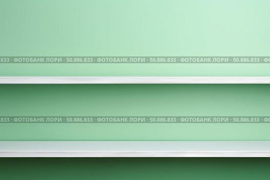 Two white empty shelves on light green wall, perfect for product placement. Стоковое AI-изображение, AI-художник Иван Рябоконь / Фотобанк Лори