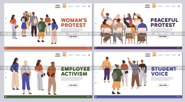 Two women s protests, an employee activism meetup, and a student rally. Ideal for social awareness, civic engagement, community empowerment, advocacy campaigns, educational materials. Modern. Diverse Activist Groups Protesting for Various Causes. Стоковая иллюстрация, агентство Ingram Publishing / Фотобанк Лори