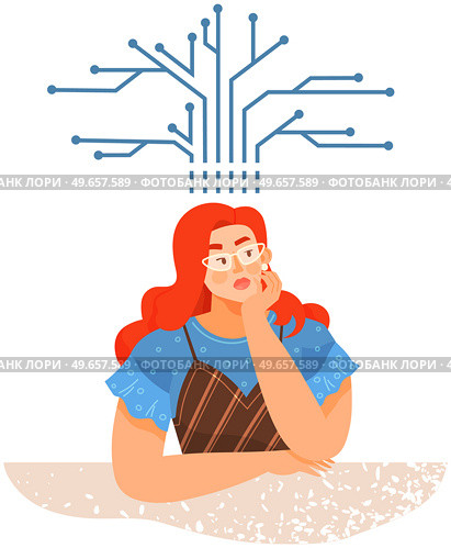 Type of mental thinking and woman with technical mindset. Female microelectronics engineer or technician specialist thinks about microcircuits. Mind behaviour, mental perceiving, logical thinking. Technician specialist, woman with technical mindset thinking about microcircuits, logical inference. Стоковая иллюстрация, агентство Ingram Publishing / Фотобанк Лори