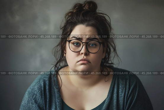 Ugly Young plus size woman wearing casual clothes and glasses sad expression on face with grey background. Apathy, depression, bulling, harassments concept. Social problem of fat people. Стоковое AI-изображение, AI-художник Sergey Grishin / Фотобанк Лори
