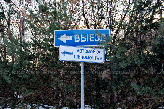 Указатели на фоне деревьев: "Выезд", "Автомойка. Шиномонтаж" Стоковое фото, фотограф Илюхина Наталья / Фотобанк Лори