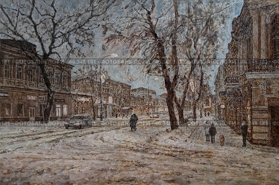 Улица Петровская города Таганрога зимой в сумерках. Стоковая иллюстрация, иллюстратор Оксана Багрянцева / Фотобанк Лори