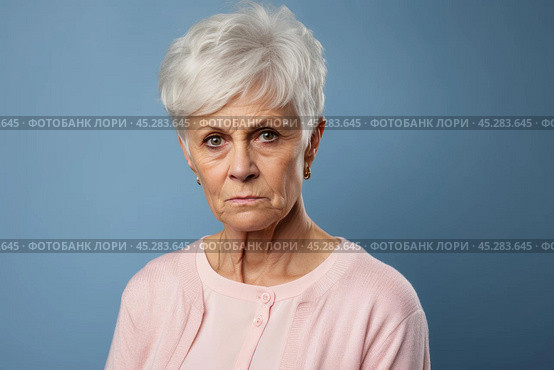 Unamused sad miserable mature caucasian woman wearing pink blouse, frowns face with dissatisfaction, sulks troubled as someone hurt her feelings. Indoor studio shot isolated on blue background. Стоковое AI-изображение, AI-художник Sergey Grishin / Фотобанк Лори