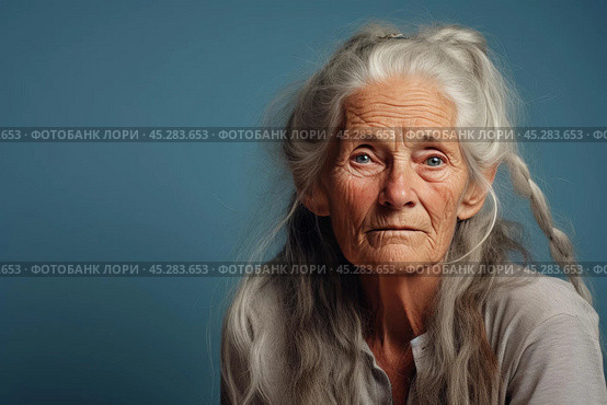 Unamused sad miserable mature long grey haired caucasian woman wearing grey blouse, frowns face with dissatisfaction, sulks troubled as someone hurt her feelings. Indoor studio shot isolated on blue. Стоковое AI-изображение, AI-художник Sergey Grishin / Фотобанк Лори