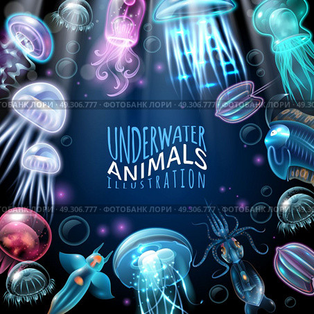 Underwater Animals Frame Background. Light and bright underwater animals frame background squid jellyfish and other inhabitants vector illustration. Стоковая иллюстрация, агентство Ingram Publishing / Фотобанк Лори