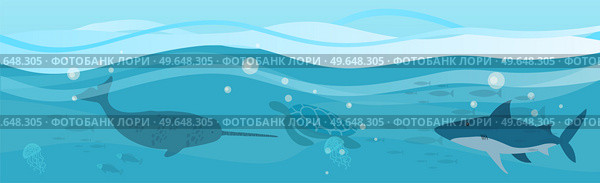 Underwater landscape with sea creatures. Large predatory marine mammals, killer whale and narwhal in ocean. Fish and marine life swimming in salty sea water. Whales and fishes, aquatic world. Underwater landscape with sea creatures. Predatory marine mammals, killer whale and narwhal in ocean. Стоковая иллюстрация, агентство Ingram Publishing / Фотобанк Лори