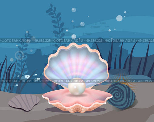 Underwater ocean fauna with fishes and seaweed. Ocean bottom with marine life reprsentatives. Marine underwater world vector illustration. Seafloor, undersea, seabed with huge shell and pearl. Seafloor, undersea, seabed with huge shell and pearl. Underwater ocean fauna, bottom of sea. Стоковая иллюстрация, агентство Ingram Publishing / Фотобанк Лори