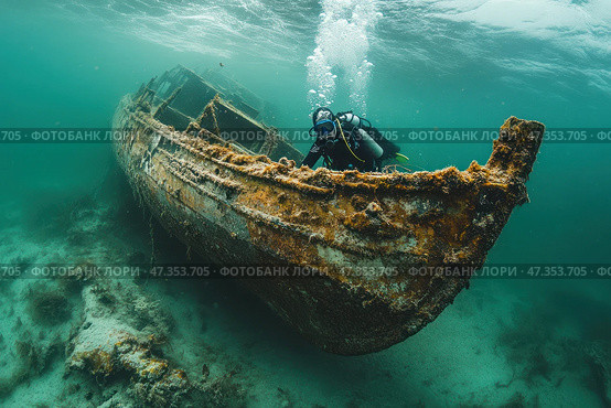 Underwater scene with a diver exploring a sunken ship. The ship's hull is covered in rust, fouling and traces of time, lying on the seabed at an angle. Light penetrating through the thickness of the water softly illuminates the details of the ship and the air bubbles rising from the diver. All around is silence, the sea depth and slight turbidity, creating an atmosphere of mystery and adventure. This place seems to preserve memories of long-forgotten stories. Стоковое AI-изображение, AI-художник Анна Кривицкая / Фотобанк Лори