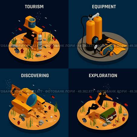 Underwater tourism experience discoveries and professional scuba diving equipment 4 isometric icons concept square isolated vector illustration . Underwater Equipment 4 Isometric Icons . Стоковая иллюстрация, агентство Ingram Publishing / Фотобанк Лори