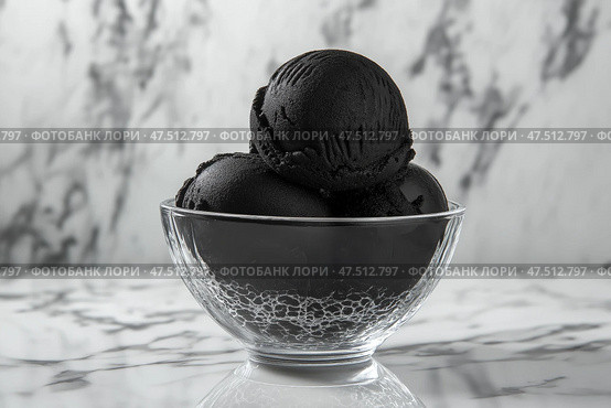 Unique black ice cream served in a clear glass bowl on a marble table. Уникальное черное мороженое в прозрачной стеклянной чаше на мраморном столе. Стоковое AI-изображение, AI-художник Katsiaryna Repich / Фотобанк Лори