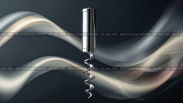 Unique corkscrew on a dark background with swirling smoke creating a dramatic effect for wine enthusiasts and collectors. Стоковое AI-изображение, AI-художник Сергей Толмачёв / Фотобанк Лори