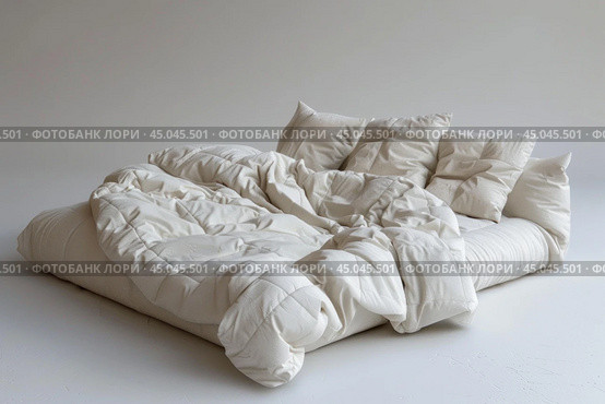 Unmade bed with white linen is waiting in empty room. Стоковое AI-изображение, AI-художник Иван Рябоконь / Фотобанк Лори